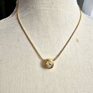 Minimalist Pendant Necklace Round Faceted Clear Crystal Rope Chain Gold Tone 16"